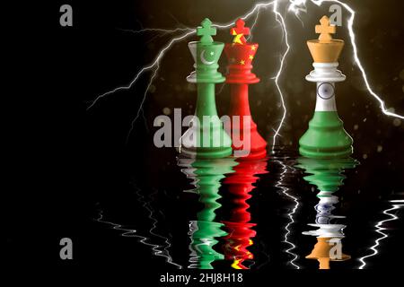 pakistan, china and india flags paint over on chess king. 3D illustration pakistan and china vs india crisis. Stock Photo