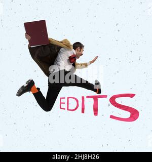 Contemporary art collage. Businessman running, jumping over edit word symbolizing important amendments in the project Stock Photo