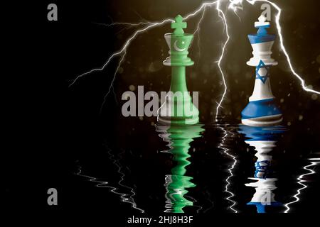 pakistan and israel flags paint over on chess king. 3D illustration pakistan vs israel crisis. Stock Photo