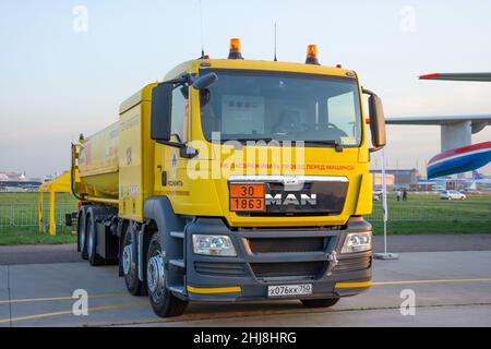 Aviation yellow fuel tanker based on a MAN truck. Russia, Moscow. 30 august 2019 Stock Photo