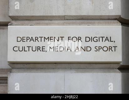 London, UK. 27 January 2022. Department for Digital, Culture, Media and Sport sign in Whitehall Stock Photo