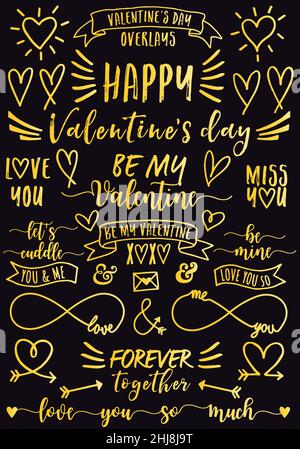 Valentine's day cards, gold design elements, hand drawn hearts, golden vector set on black background Stock Vector