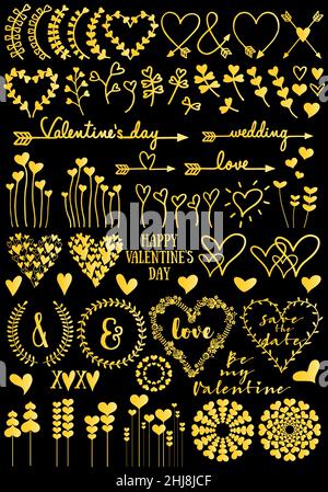 Gold floral heart designs for Valentine's day card, wedding, birthday, Mothers day, set of golden vector design elements on black background Stock Vector