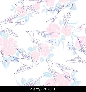 Hand drawn swallow bird seamless pattern. Spring vector illustration. Stock Vector