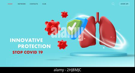 Lungs protection medical 3d illustration with human lungs in a protective fielad with shield icon and virus molecules attacing it Stock Vector