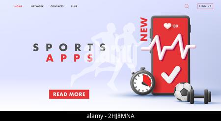 Fitness mobile application web banner with 3d smartphone illustration and heart rate, timeclock and football ball with dumbbell icons and running Stock Vector