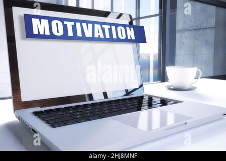 Motivation text on modern laptop screen in office environment. 3D render illustration business text concept. Stock Photo