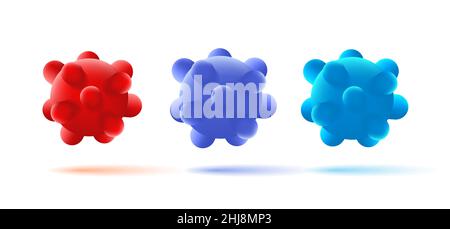 Set of isolated icons of Virus particle molecule. Pathogen organism. Deformed sphere in blue and red colors Stock Vector