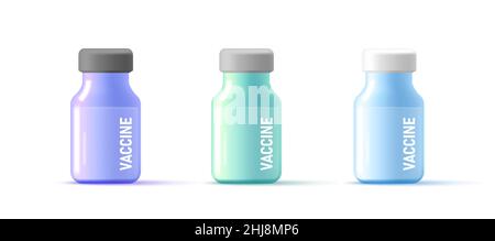 Set of medical vaccine bottles, 3d modern render style in different colors Stock Vector
