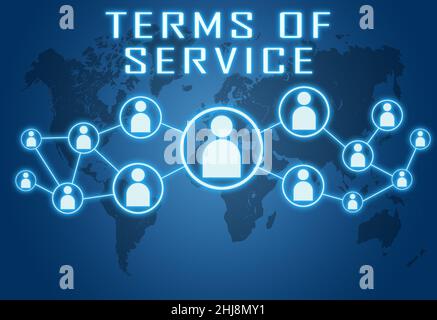 Terms of Service - text concept on blue background with world map and social icons. Stock Photo