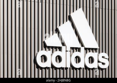 Tokyo, Japan. 13th Jan, 2022. German multinational sportswear brand Adidas logo seen in Shibuya, Tokyo. Credit: SOPA Images Limited/Alamy Live News Stock Photo