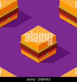 Seamless pattern of stylized cubic burgers on purple background. Retro design concept, Clipping mask used Stock Vector