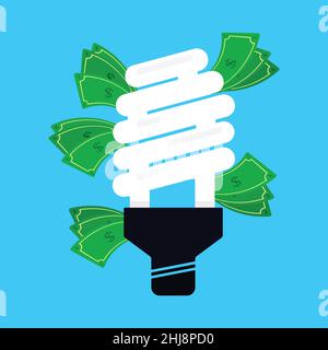 Fluorescent lamp with money bills around. Energy consumption price. Consumption savings. Blue background. Isolated. Stock Vector