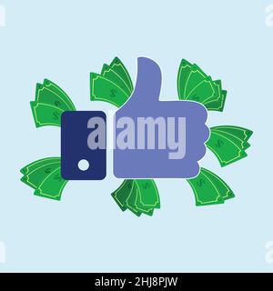 Like symbol with money bills around. Hand with thumb up surrounded by money. Blue background. Isolated. Stock Vector