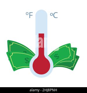 Thermometer with money bills around. White background. Isolated. Stock Vector