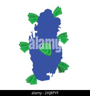 Qatar map in blue with money bills around. Money leaving the center of the country. Economy of Qatari country. White background. Isolated. Stock Vector