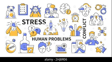 Stress and mental problems - modern flat design style web banner with blue and yellow line elements. Illustration with editable stroke. Problems, conf Stock Vector
