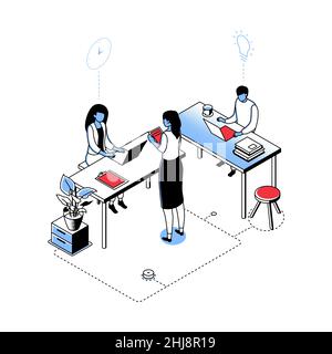 Office life - modern line isometry design style illustration on white background. A picture with colleagues launching the project, paper plane, pinboa Stock Vector