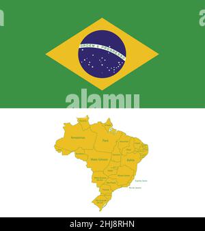 Brazil map with region states with Brazil flag vector Stock Vector