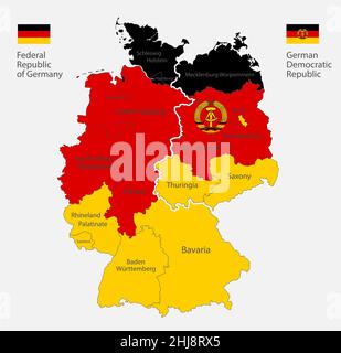 Map of the Germany map divided on West and East Germany with regions and names in the colors of the flag with administrative divisions vector Stock Vector