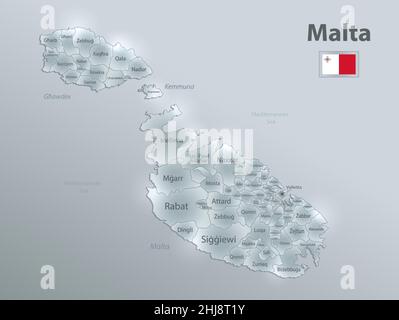 Malta map and flag, Current regions, separates regions and names, design glass card 3D vector Stock Vector