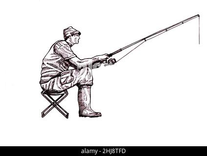 Man with a fishing rod at the river. ink black and white drawing Stock  Photo - Alamy