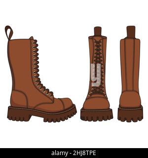 Set of color illustrations with brown boots, high boots with laces. Isolated vector objects on white background. Stock Vector