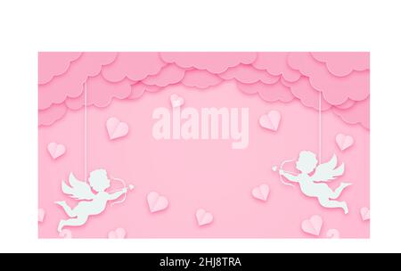 Happy valentines day greeting background in papercut style. Horizontal poster, greeting card flyer. Space for text. Holiday pink banner with paper clo Stock Vector