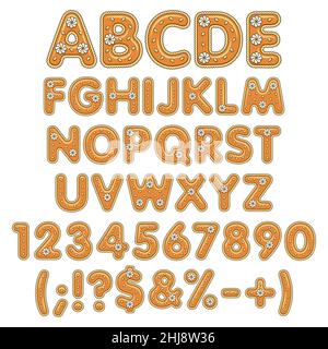 Pumpkin pie alphabet, letters, numbers and signs decorated with cream and pumpkin seeds. Isolated vector objects on a white background. Stock Vector