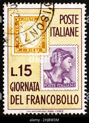 ITALY - CIRCA 1976: a stamp printed in the Italy shows Stamps of 1862 and 1961, Centenary of Italian Postage Stamps, circa 1976 Stock Photo