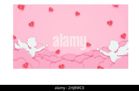Happy valentines day greeting background in papercut style. Horizontal poster, greeting card flyer. Space for text. Holiday pink banner with paper clo Stock Vector