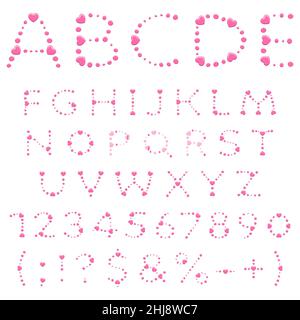 Alphabet, letters, numbers and signs made of pink circles and hearts. Isolated vector objects on a white background. Stock Vector