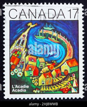 CANADA - CIRCA 1981: a stamp printed in the Canada shows Painting of Acadia, Acadian Congress Centenary, circa 1981 Stock Photo