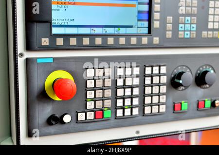 Computer control panel CNC machine. Selective focus. Abstract industrial background. Stock Photo