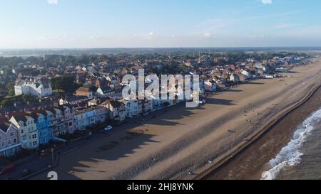 Aldeburgh Suffolk England beech at sunset aerial drone view Stock Photo