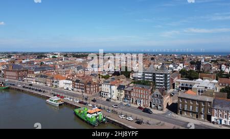 Great Yarmouth South Quay aerial drone view with town in background Scroby Sands Wind Farm in distance in north sea Stock Photo