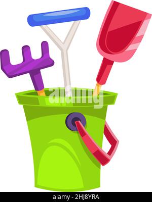 Sandbox tools. Plastic bucket with child playing toys Stock Vector