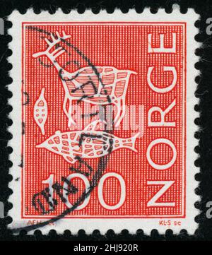 POLTAVA, UKRAINE - January 27, 2022. Vintage stamp printed in Norway circa 1973 shows rock engravings Stock Photo