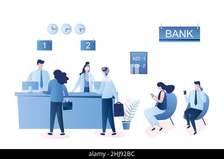 Male and female clients standing and talking to managers of bank or credit department. Business people characters in queue in the bank.Illustration is Stock Vector