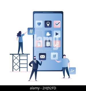 Software or mobile app development- programmers and business people with buttons and signs. Technology teamwork concept.Big smatphone isolated on whit Stock Vector