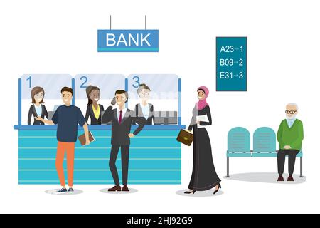 Cartoon people characters in queue in the bank.Male and female clients standing and talking to managers of bank or credit department.Illustration isol Stock Vector