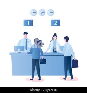 Male and female clients standing and talking to managers of bank or credit department. Human characters in trendy style. Vector Illustration isolated Stock Vector