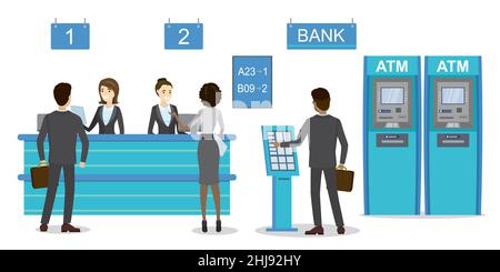 Male and female clients standing and talking to managers of bank or credit department. ATM Bank Cash Machines. Illustration isolated on white backgrou Stock Vector