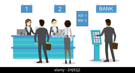 Male and female clients standing and talking to managers of bank or credit department. Businessman character in queue in the bank.Illustration isolate Stock Vector