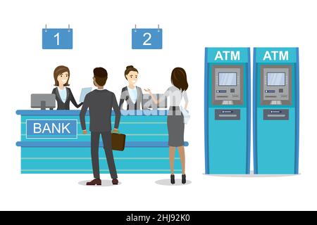 Male and female clients standing and talking to managers of bank or credit department. ATM Bank Cash Machines. Illustration isolated on white backgrou Stock Vector