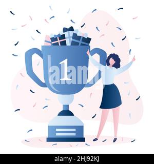 Business or sport achievement. Happy businesswoman with big winner cup. Prize with gifts and female character in trendy style.Vector illustration Stock Vector