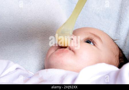 young  baby being spoonfed Stock Photo