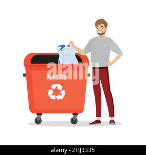 Man throwing plastic garbage in the big trash can. Recycling and ecological concept. Male character in trendy style,vector illustration Stock Vector