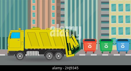 Containers with waste for recycle garbage. Cartoon garbage truck on street of city, waste management with garbage. Recycling concept.Flat vector illus Stock Vector