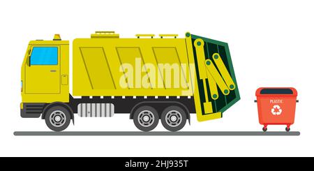 Yellow garbage truck and red garbage container, cartoon vehicle isolated on white background,recycling background,flat vector illustration Stock Vector